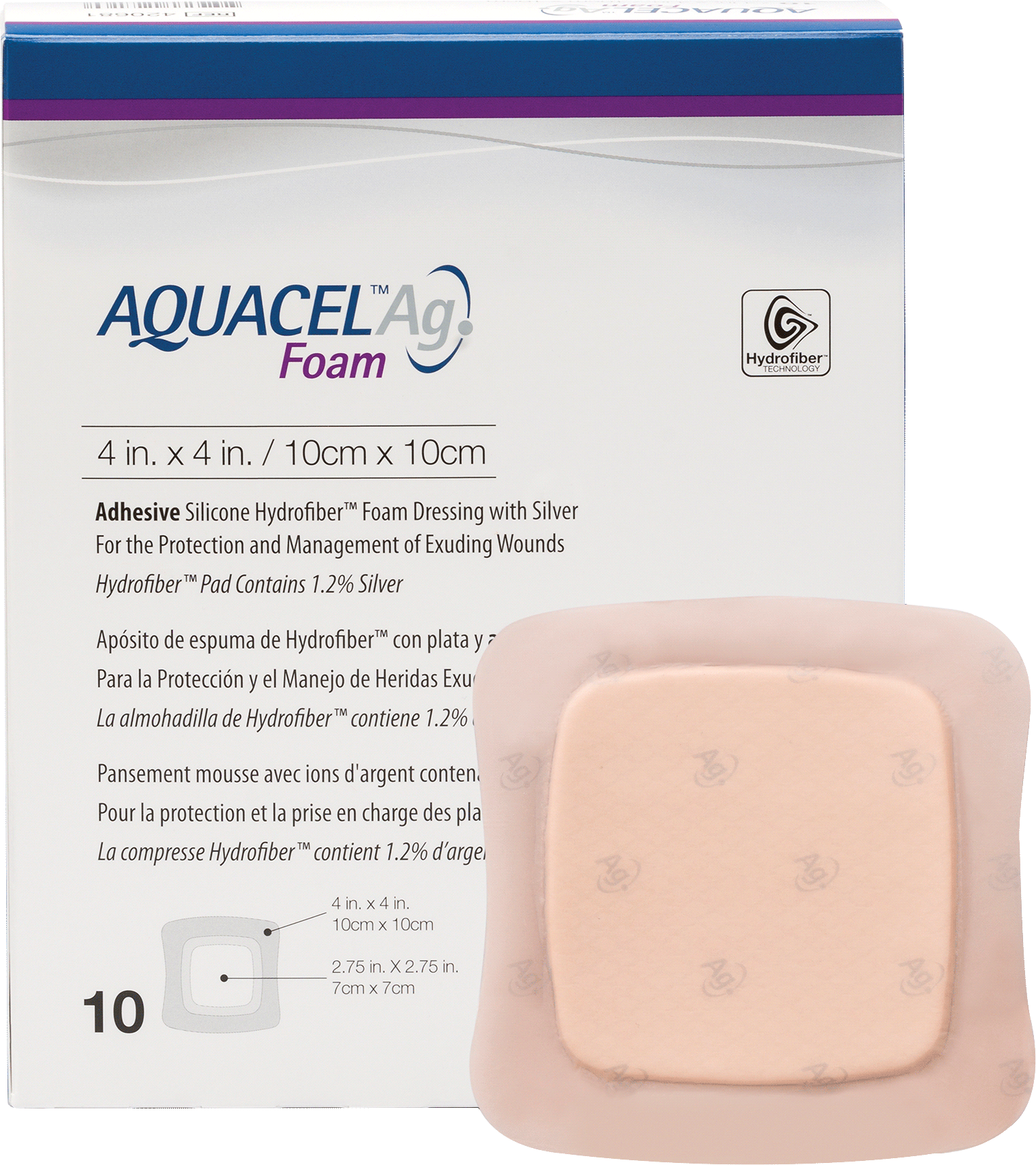 "AQUACEL Ag Foam Adhesive Dressing 4"" x 4"", 2.75"" x 2.75"" Pad Size"