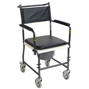 Portable, Upholstered Commode with Wheels and Drop Arm