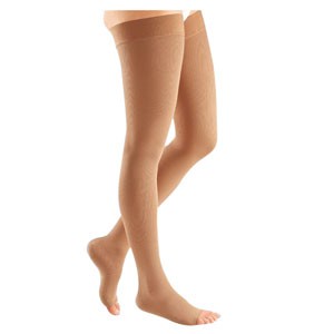 Comfort Thigh-High with Lace Silicone Band, 30-40 mmHg, Open Toe, Natural, Size 2