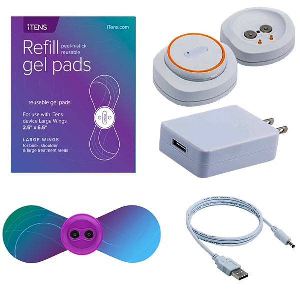 iTENS Device With Large Wings, 1 Pair Electrodes, USB Charger and Manual, Blue
