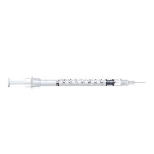 "Sol-Care TB Safety Syringe with Fixed Needle 28G x 1/2"", 1 mL (100 count)"