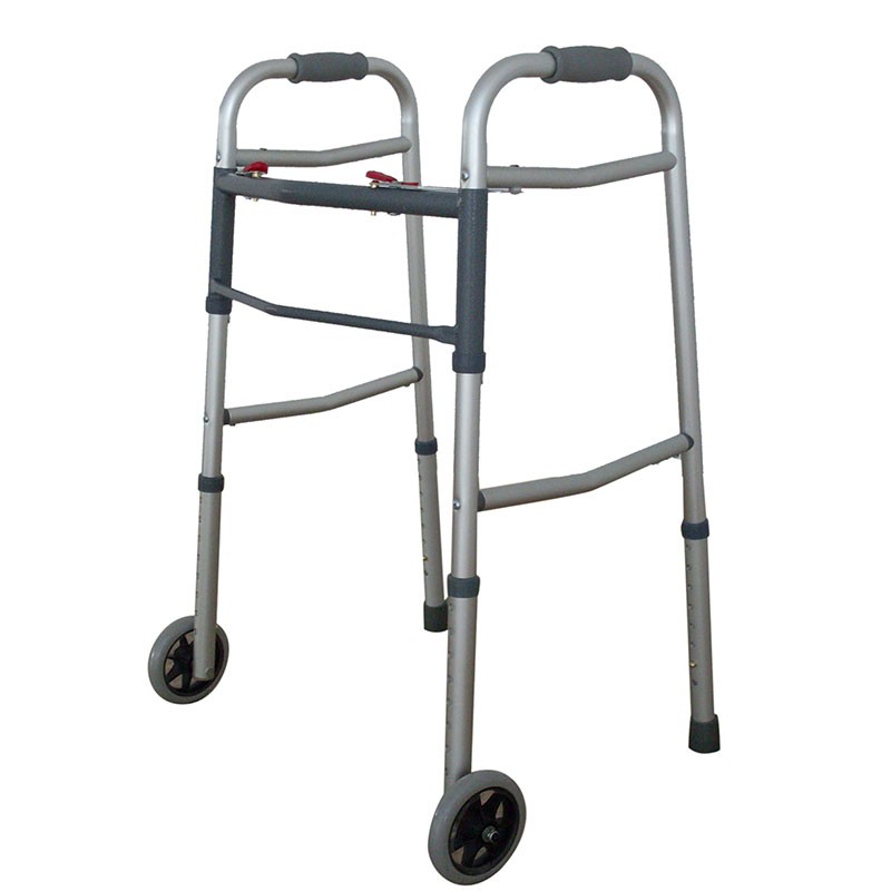 "Dual Button Folding Walker with 5"" Wheels"