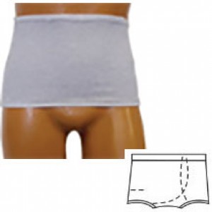 Men's Wrap/Brief with Open Crotch and Built-in Ostomy Barrier/Support Gray, Left-Side Stoma, Extra L