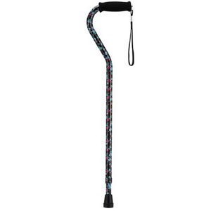 "Aluminum Adjustable Offset Cane with Pink and Blue Flowers, Black, 30"" - 39"" Height Adjustment"