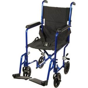 "Aluminum Transport Chair, 19"", Blue Frame, Black Upholstery, 300 lb Weight Capacity"